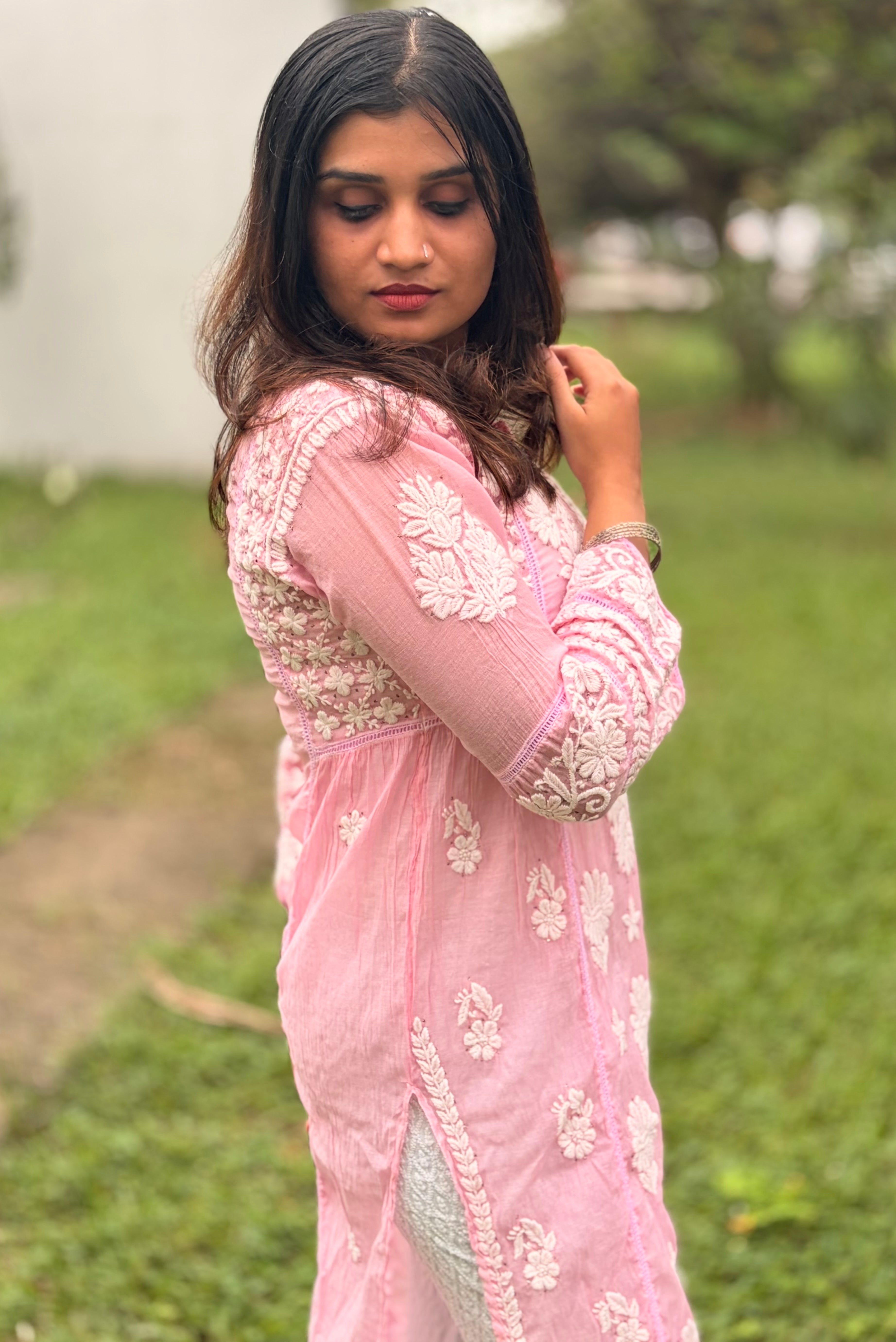 CHANDERI SILK CHIKANKARI KURTA